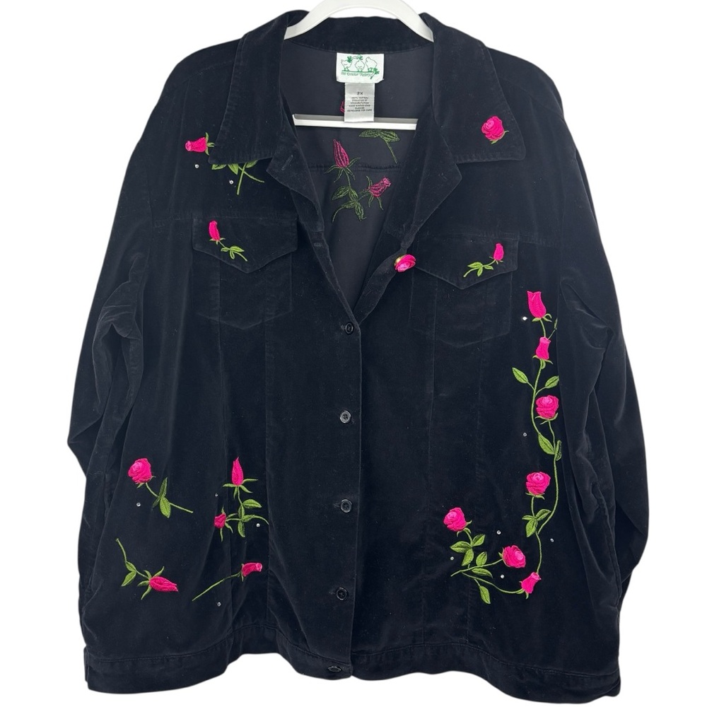 The Quacker Factory Black Velvet 2 Pocket Button Up Pink Embroider Floral Top 2X